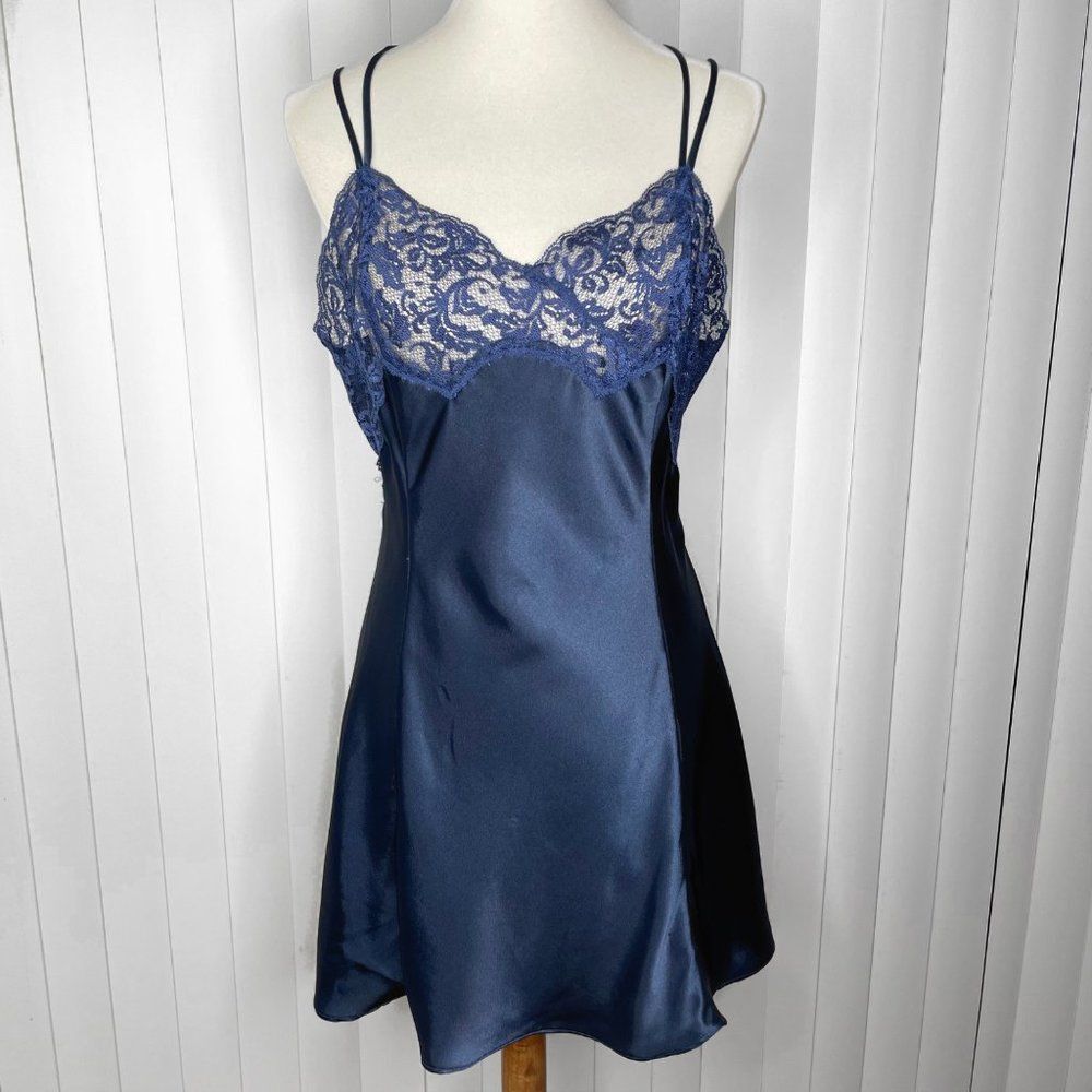 Victoria’s Secret Blue Satin Floral Lace Slip Dress Size Large
